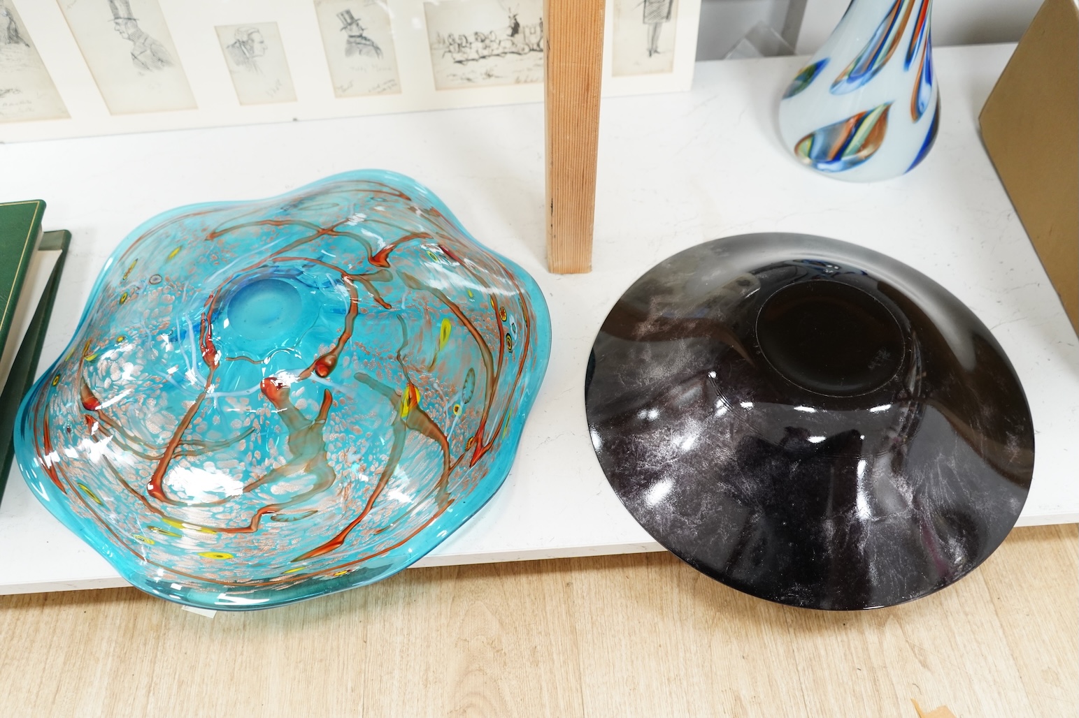 A late 20th century Italian glass vase and two Art glass dishes, largest 49cm in diameter